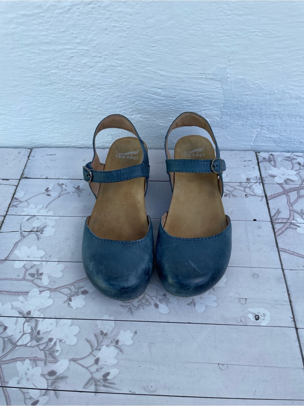 Dansko Teal Leather Mary Jane Clogs with Ankle Strap